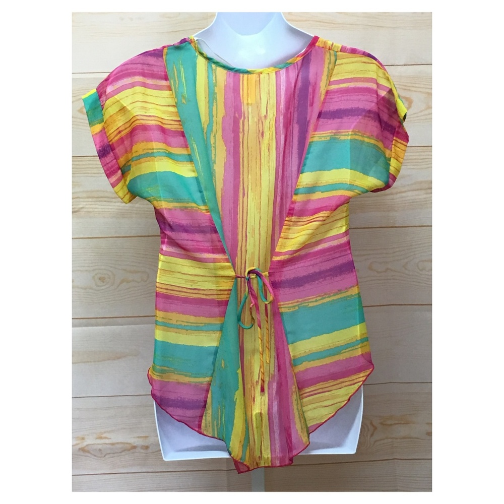 Women's Rainbow Color Striped Hi-Lo Hem Blouse Top - Picture 7 of 8